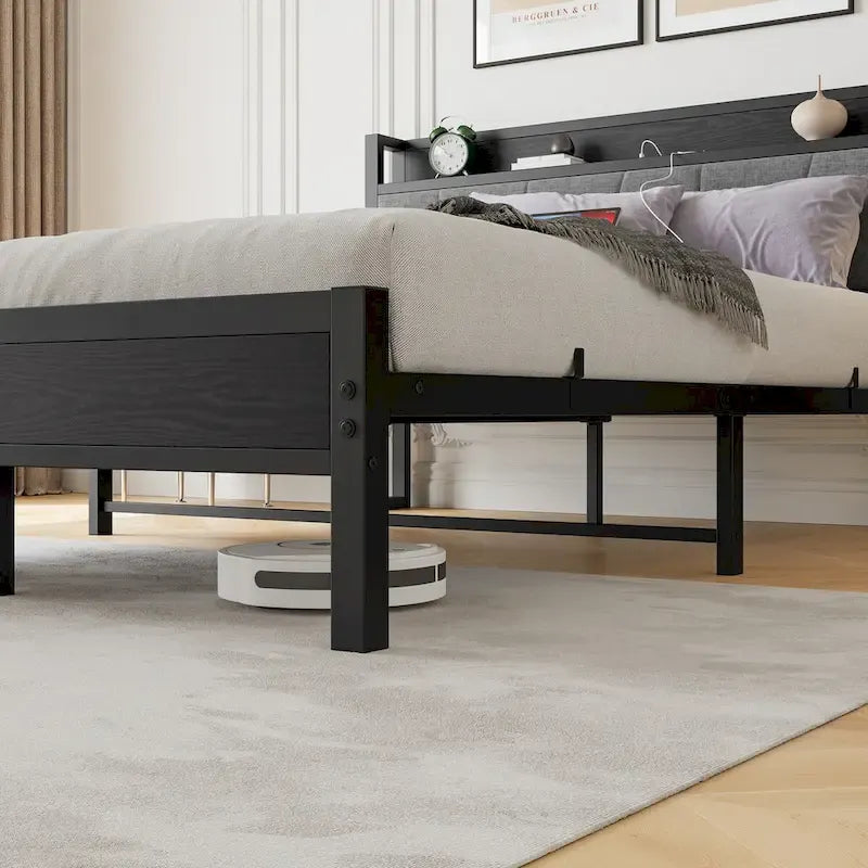 Cadre de lit plateforme Queen Size avec tête de lit de rangement et station de recharge