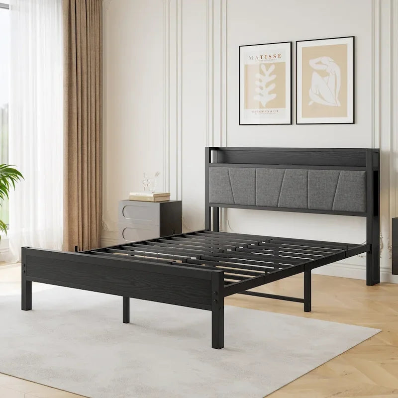 Cadre de lit plateforme Queen Size avec tête de lit de rangement et station de recharge