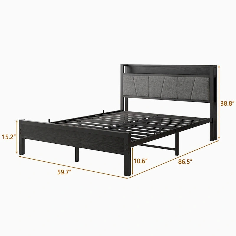 Cadre de lit plateforme Queen Size avec tête de lit de rangement et station de recharge